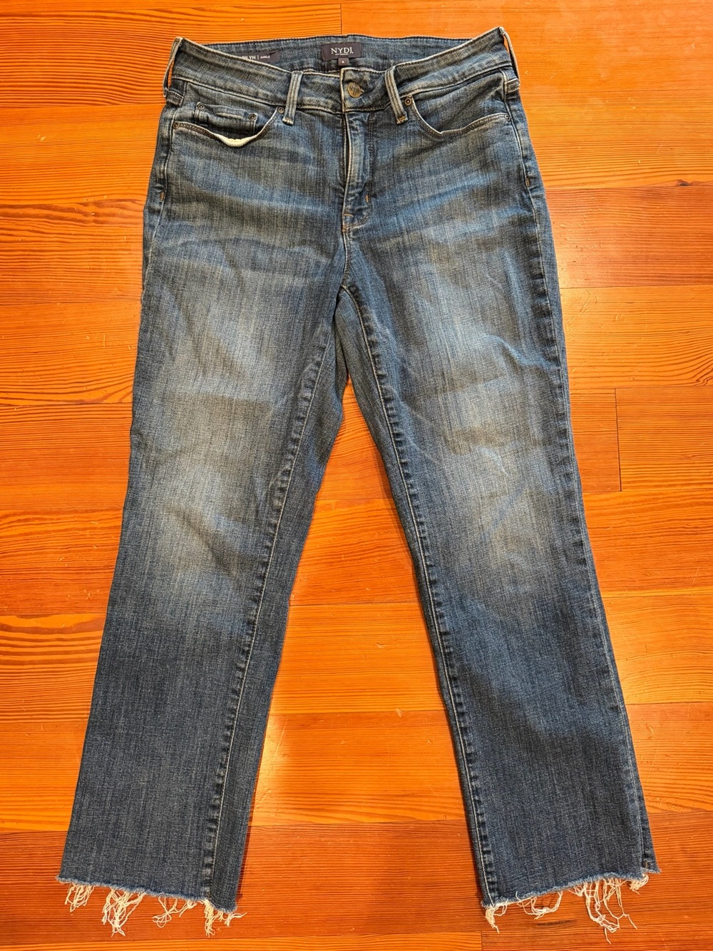 NYDJ Medium Wash Ankle Crop Straight Jeans with Frayed Hem